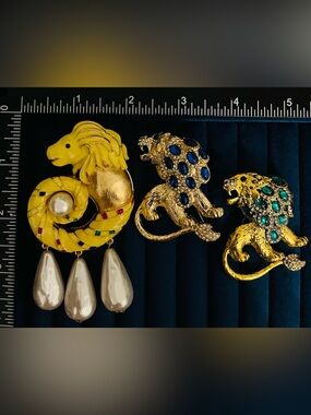 3pc Lion King Brooch Pin Lot Statement Crystal Rhinestone Enamel